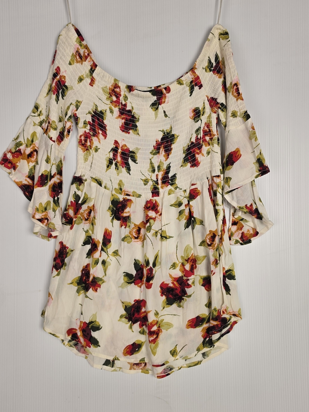 Ambiance Ivory Floral Off-Shoulder Ruffle Blouse